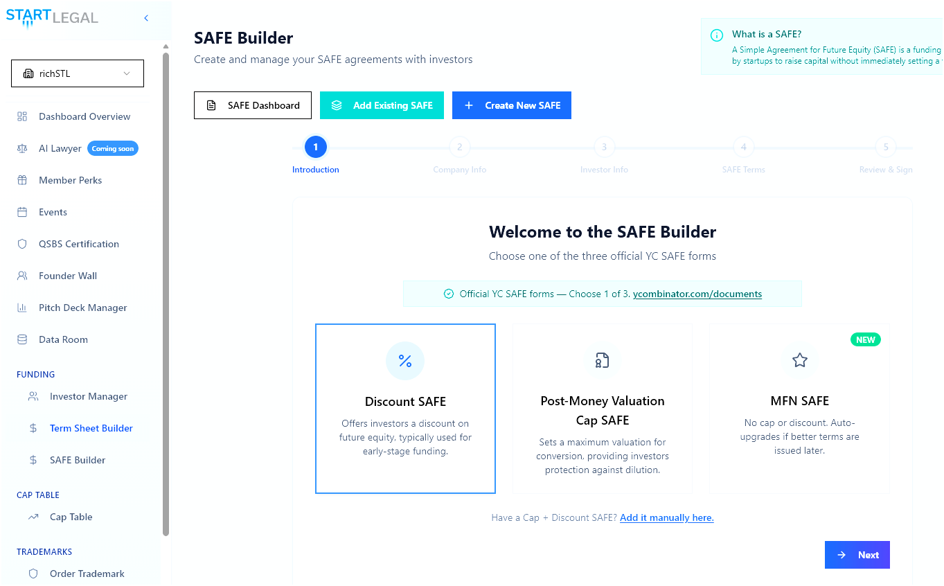StartLegal SAFE Builder — choose one of the three official YC SAFE forms